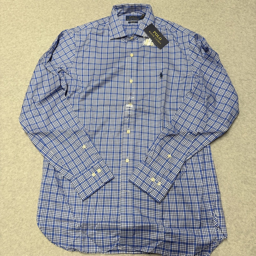 Polo Ralph Lauren Dress Shirt Mens 15.5 34/35 Blue Plaid Classic Fit Easy Care